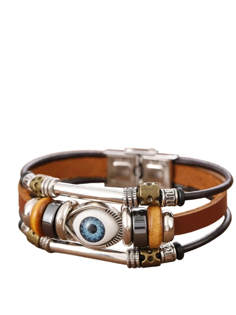 Multilayer Brown Leather Evil Eye Bracelet with Alloy Beads and Magnetic Clasp